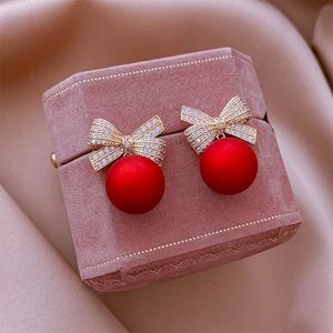 Stud Luxury Gold Color Zircon Bowknot Studörhängen för kvinnor Pearl Cherries Fruit Red Festive Earring Girls Christmas Jewelry Gifts 231110