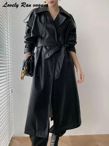 Damenjacken Leder Lange Jacke Frauen 2023 Herbst Winter Oversize Revers Hülse Straße Weibliche Mantel Gürtel Zweireiher Lose PU Mäntel 231109