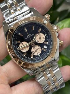 Armbandsur Mens Quartz Chronograph Watch Rose Gold Black Blue Leather rostfritt stål Luminous Sapphire Kalender 43mm