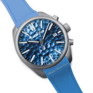 Mens Watch Japan 8215 Automatic Movement Blue Hammer Dial Screw Crown Metal strap Glass back Wristwatch 42MM