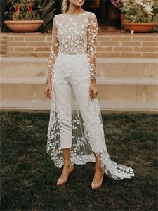 Fake Two Pieces Jumpsuits for Women Fashion Sheer Long Sleeve Lace Streetwear High Maist White Jumpsuit