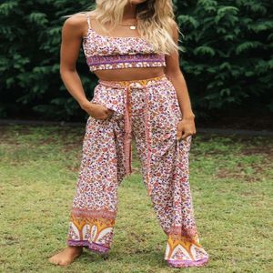 Tvådelklänning Happie Queens Floral Print Women Two Piece Outfits Sleeveless Tops Wide Leg Pants Bohemian 2 Pieces badkläder Rayon Set