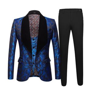 Novo masculino europeu, americano e britânico jacquard grande gola preta azul gola de frutas terno conjunto de três peças festa anfitrião cantor roupas da moda