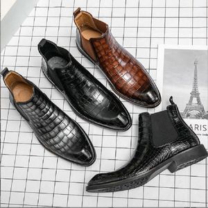 New Brown Chelsea Boots for Men Black Business Pointed Toe Slip-On Crocodile Pattern Handmade Men's Short Boots D2H19