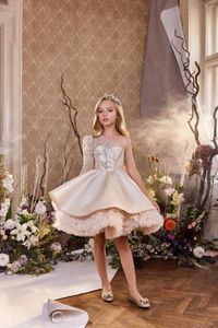 Girl Dresses One Shoulder Flower Beaded Knee Length Princess Satin Wedding Party Dress Champagne Birthday Kids Communion