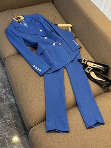 2023 Autumn Blue Solid Color Two Piece Pants Set Long Sleeve Notched-Lapel Double-Breasted Blazers Top With Long Pants Set 2 Pieces Blazer Suits F3N021208022
