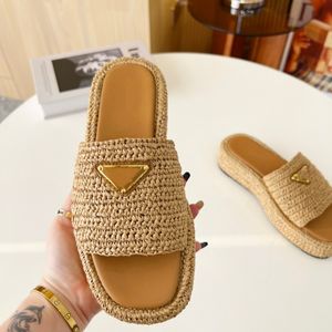 Women Ladies Platform Slippers Raffia Straw Sandal Made in Italy Triangle Buckle Mules Thick Bottom Heels Slides Beige Black White Classic Slip On Espadrilles Shoes