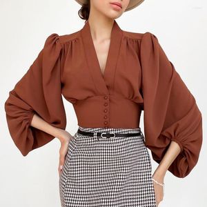 Blusas femininas 2023 Vintage Women Shirt Court Style V pescoço Blusas feminina lanterna elegante túnicas de mangas compridas Slim Sexy Crop Top