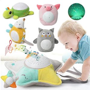 Plyschdockor barn mjuka leksaker fylld sömn led nattlampdjur med musikstjärnor projektor ljus som sover lugnande baby gåva 231109
