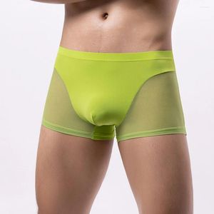 Cuecas masculinas troncos ver através boxer briefs shorts malha retalhos roupa interior calcinha bikini bolsa bulge masculino deslizamento homme