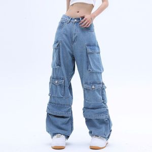 Women s Jeans Pocket Solid Color Overalls Y2K Street Retro Loose Wide Leg Couple Casual Joker Mopping Pant 230410