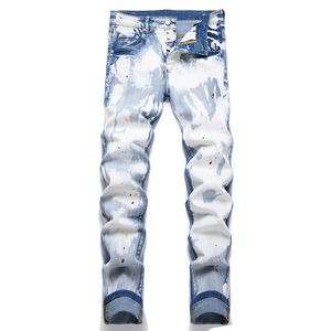 Blue Paint Inkjet White Men's Skinny Jeans Trendy Slim-Fit Stretch Denim Pants Spring Autumn Street Casual Trousers