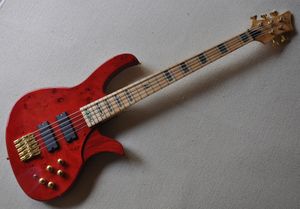 5 Strings Red Electric Bass Guitar with Burl Veneer Colorful Pearl Inlays Offer Logo/Color Customize