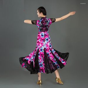 Abito da ballo da sala a maniche corte in pizzo da indossare sul palco Valzer per ballare costumi di tango Stampa di flamenco spagnolo