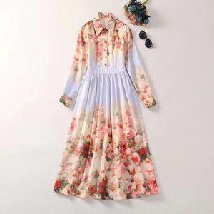 European and American women's dress 2023 winter new Long sleeve lapel flower print fashion Pleated dress XXL