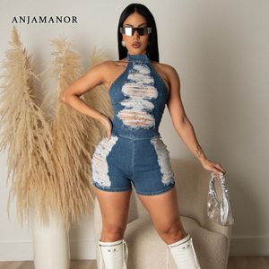 Женские комбинезоны Rompers ANJAMANOR Ripped Jeans Baddie Outfits for Woman 2023 Sexy Summer Blue Denim Backless Halter D82 FZ27 220410