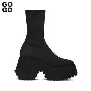 Boots Gogd Brand Fashion Women's Gothic Platform Ankle Boots Chunky Heels Halloween Knee High Boots Punk Style Motorcykelstövlar 231110