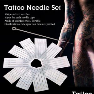 100st Mixed Tattoo Needle Set 3rl 5rl 7rl 9rl 5M1 7M1 9M1 5RS 7RS 9RS Rostfritt stål Rundfoder Professionell Permanent Tool Drop DH8FQ