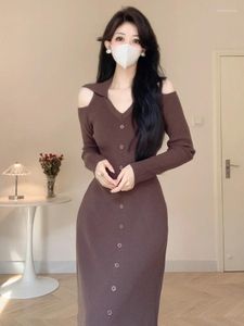 Casual Dresses Women Autumn Winter Polo Collar Gentle Knitted Dress French Temperament Button Off Shoulder A-Line Inner Layering Long Skirt