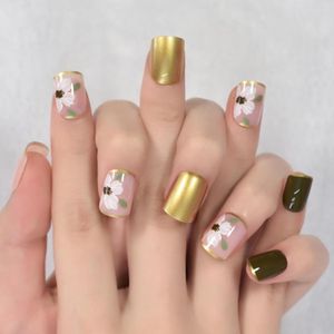 False Nails Golden Edge Short Square Fingernails Flower Cute Lovely Glossy Uv Gel Tips Manicure With 24Pcs Adhesive Tabs