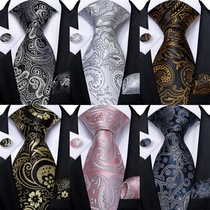 Krawatten Schwarz und Silber Paisley Floral Herren Grau Blau Rosa Hochzeitsaccessoires Krawattenset Taschentuch Manschettenknöpfe Geschenk für Männer 230408