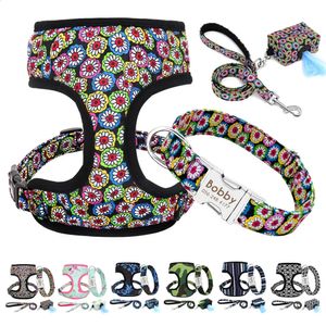 Dog Collars Leashes Personalized Dog Collar Leash Harness Set Printed Small Medium Large Pet Engraved Collars Lead Harness Poop Bag Holder For Dogs 231110