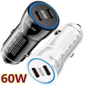 Snabb snabb laddning Dual USB C Car Charger 60W 40W PD Typ C Auto Power Adapters för iPhone 13 14 15 Pro Samsung S22 S23 S24 HTC Android -telefon med låda