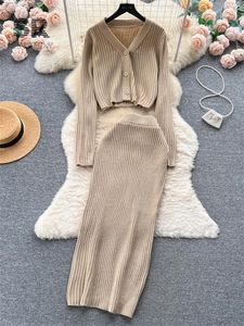 Vestidos de trabalho singiny suéter francês dois conjuntos de peças mulheres manga comprida cardigan cintura elástica saia retrô casual inverno malha terno