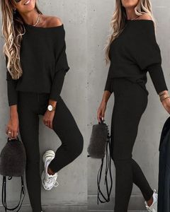 Women's Two Piece Pants Batwing Sleeve Top & High Waist Drawstring Set Fall Tracksuit Women Gym Joggers Suit Sports Wear Spring