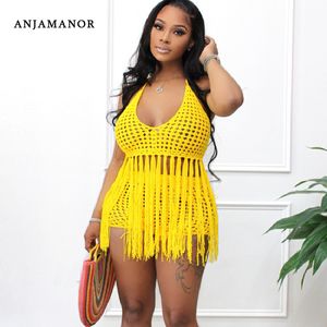 Женские спортивные костюмы Anjamanor Crochet Top Top и Shorts 2 Piece Set Sexy Beach Summer Vacation Satters, соответствующие оптовым D29 DG30 220410