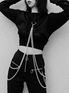 Bluzy damskie 2023 łańcuch noszenia czarny kaptura haruku metal solidny punkowy topy goth groinge długie rękawe kobiety streetw