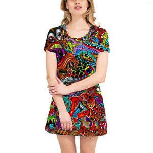 Casual Dresses Boutique Women's Pelis Retro Mönster T-shirt klänning Lossa bomull i mitten av långa kortärmad 2023 sommar