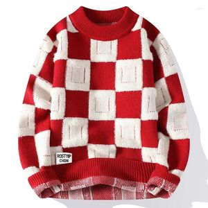 Herrtröjor 2023 Höst/vinter mode schackbräda checker färgblock pullover tröja varm avslappnad