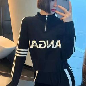 Women's Sweaters 2023 Winter golf wear black Knitted Sets Women O Neck Long Sleeve Knitwear+Wide Leg Long Pants Sweater Two Pieces Suits Clothing J231110