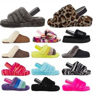 Winter FLUFF YEAH Slide Wool lace slippers Australian Women Slippers Black Grey Coffee Classic Sandals Winter Solid Color Home Indoor Flats Shoes