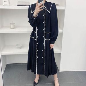 Casual Dresses Korean Chic Autumn Vintage Contrast Color Turn-down Collar Dress Double Breasted Long Sleeve Pleated Robe 2023 Loose VestidoC