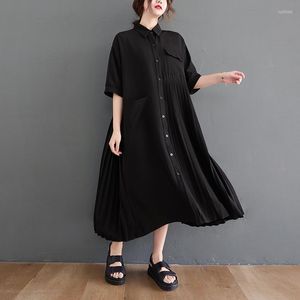 Party Dresses Uoozee Female Chic Elegant Shirt Dress 2023 Summer Half Sleeve Pleated Loose Black Casual Midi For Women