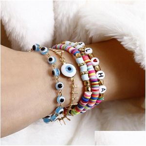 Urok bransolety 5pcs/Set Blue Evil Eye for Women Rainbow Letter Kulki Bransoletka Zestaw Mody Biżuterii