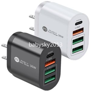 Snabb snabbladdare 36W 4Ports PD USB C Charger EU US UK AC Home Travel Power Adapter Väggavgifter för iPad iPhone 11 13 14 15 HTC LG B1 med detaljhandeln