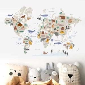 Adesivos de parede mapa grande mapa mundial decalque de parede desenho animado animal animais selvagens aquarela de vinil infantil de vinil decalque 230410