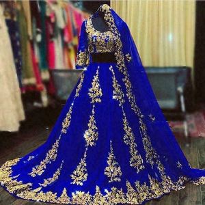 Indian Arabic Royal Blue Evening Dresses Two Pieces Luxury Dubai Prom Dress With Veils Gold Lace Appliques A-Line Long Special Occasion Wear 3/4 Sleeves 2023