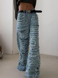 Kvinnors jeans taruxy hög midja rippad för kvinnor tofs löst mode långa byxor kvinnlig 2023 höst baggy last denim pant kvinna