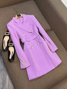 Summer 2023 Belted coat dress for women with Notched-Lapel Buttons and Double-Breasted Design in White/Black/Purple - Plus Size 3XL x XXXL (D3A09)