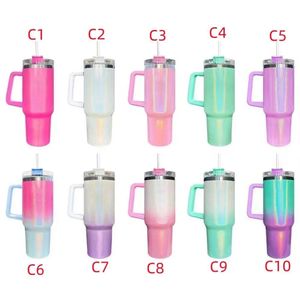 40oz Glitter Sublimation Tumblers Cups with Logo Handle and Straws Gradient Color Insulated Car Travel Mugs Stainless Steel Big Capacity