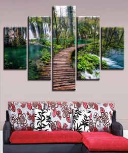 Leinwand HD-Drucke Bilder Wandkunst 5 Stück Holzbrücke Wasserfall Landschaft Gemälde Home Decor Poster Modular5347622