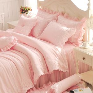 Bedding Sets Diamond Lace Princess Luxury Pink Ruffles Bed Skirt Solid Color Duvet Cover Bedspread Bedclothes Sheet Cotton