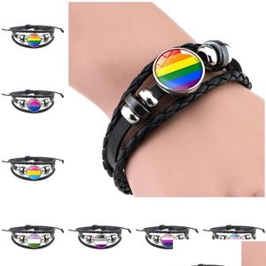 Braccialetti con ciondoli Bracciale con bottone a pressione in pelle Lgbt Orgoglio Cabochon in vetro Gay Bandiera arcobaleno Po Bangle per donne Uomini Amanti Gioiello Dhgarden Dhzm5