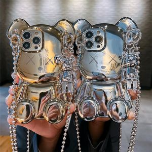 Cell Phone Cases for iPhone 14 Pro Max 13 12 11 Luxury Electroplated 3D Bear Crossbody Shoulder Chain Strap Cover