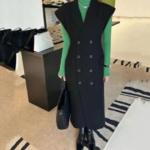 Women's Vests Korean Style 2024 Autumn Spring Vest Women Fashion Sleeveless Long Jacket Double Breasted Slim Casual Faux Wool Blazer