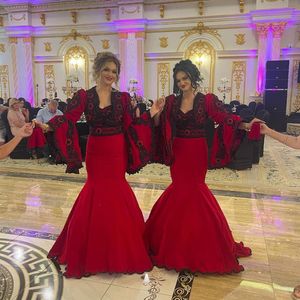 Black Red Mermaid Albanian Prom Dress for Women Fairy Long Sleeve Applique Velvet Mashallah Caftan Evening Celebrity Dresses